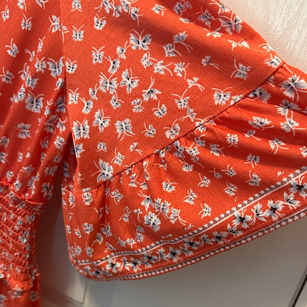 Floral Reddish Orange V-Neck Smocked Waist Flutter Sleeve Dress Size Large - Picture 5 of 11